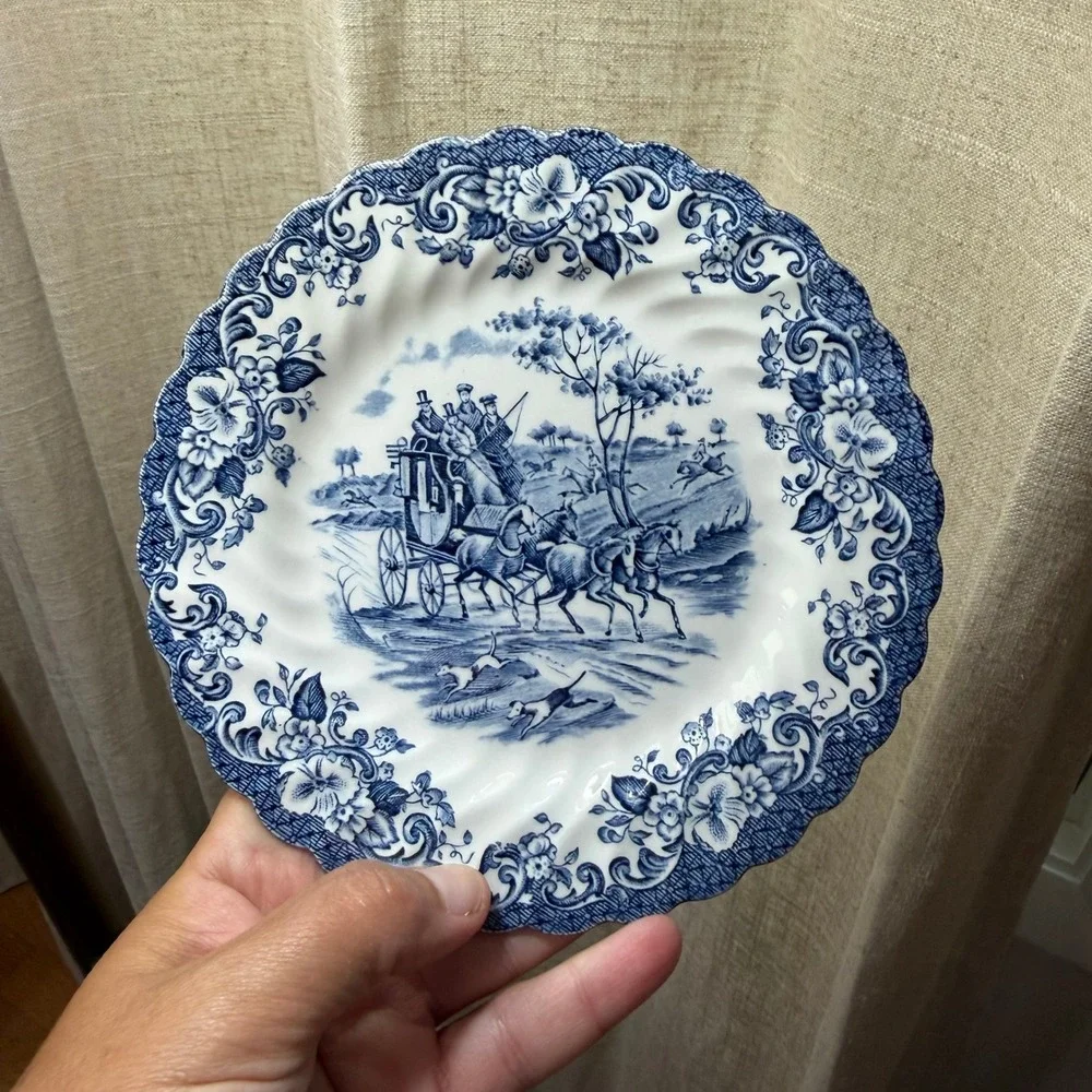Vintage Johnson Brothers Coaching Scenes Blue Bread Butter Plates Pair